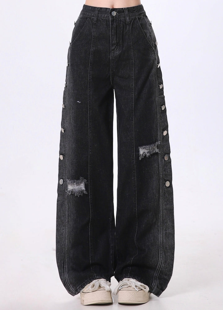 【Rayohopp】Side patchwork mid-length distressed denim pants  RH0138