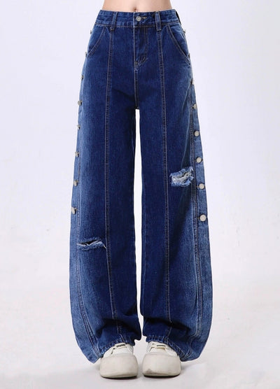 【Rayohopp】Side patchwork mid-length distressed denim pants  RH0138