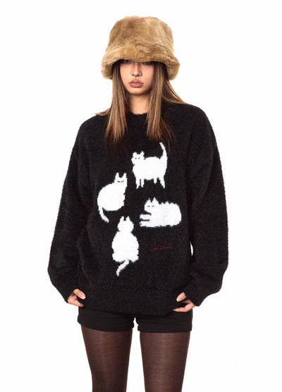 【BLACK BB】Front cat design monotone style knit sweater  BK0070