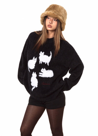 【BLACK BB】Front cat design monotone style knit sweater  BK0070