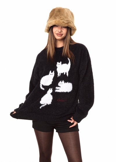 【BLACK BB】Front cat design monotone style knit sweater  BK0070