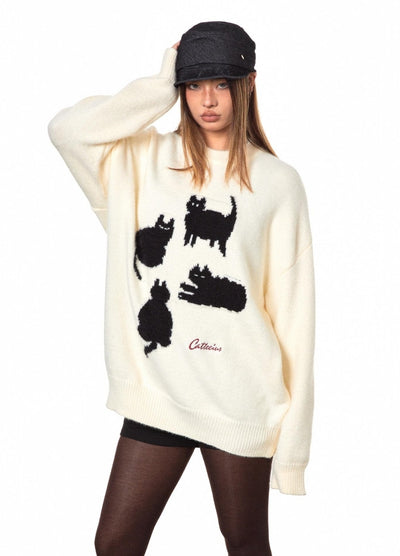 【BLACK BB】Front cat design monotone style knit sweater  BK0070