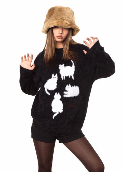 【BLACK BB】Front cat design monotone style knit sweater  BK0070