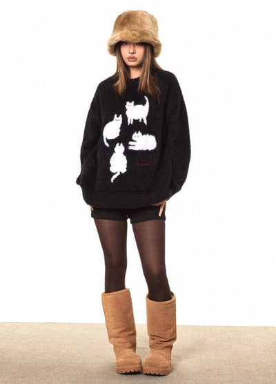 【BLACK BB】Front cat design monotone style knit sweater  BK0070