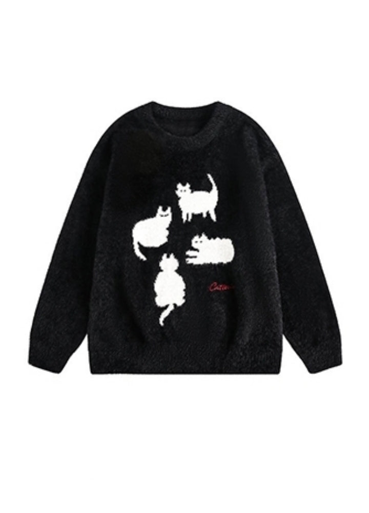 【BLACK BB】Front cat design monotone style knit sweater  BK0070