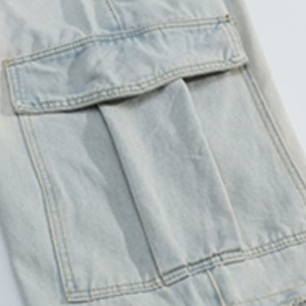 【NIUGULU】Mid-wash side chain design wide silhouette denim pants  NG0036