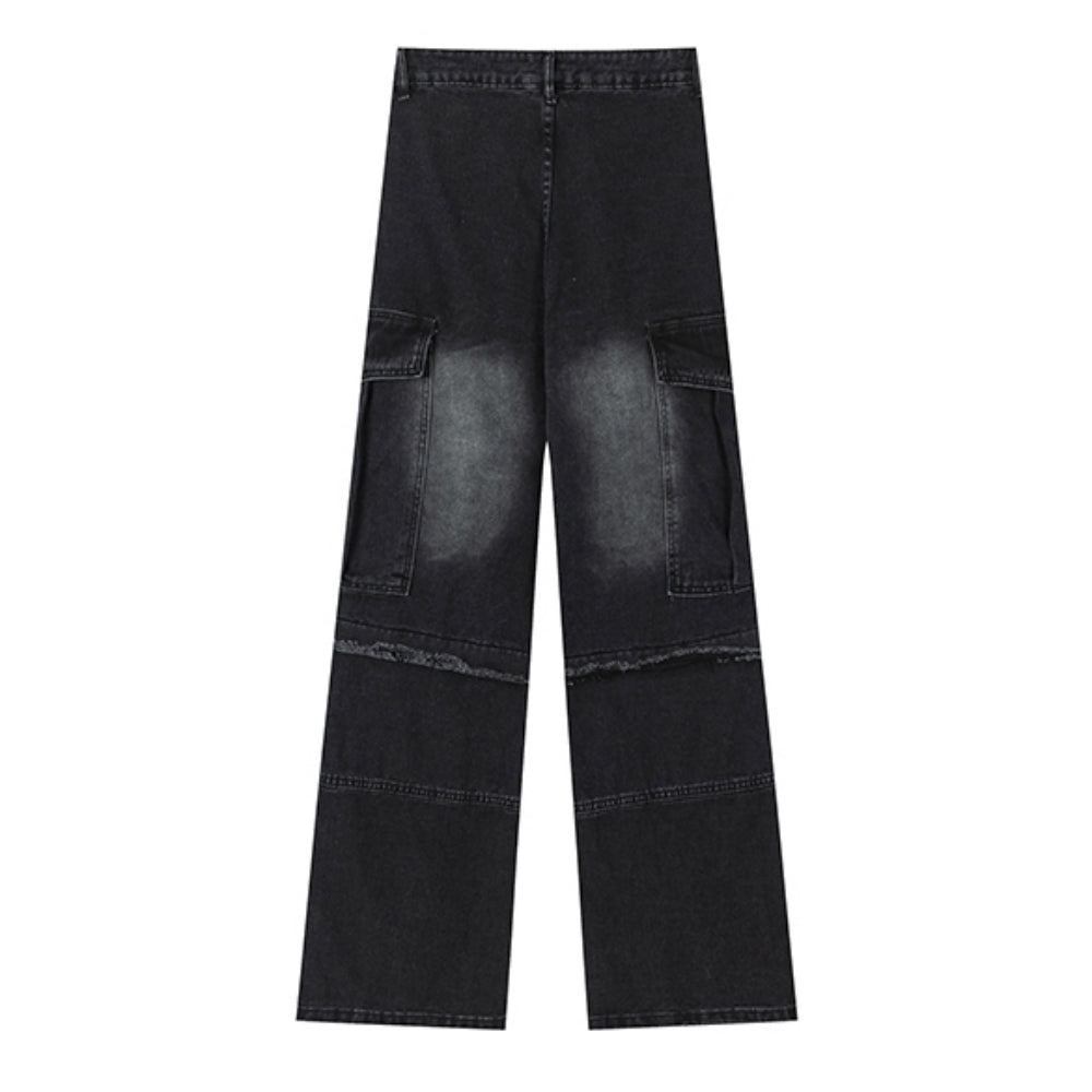 【NIUGULU】Mid-wash side chain design wide silhouette denim pants  NG0036