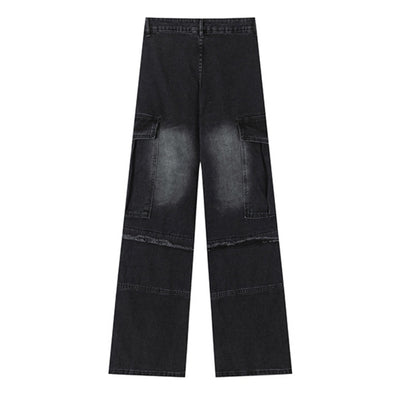 【NIUGULU】Mid-wash side chain design wide silhouette denim pants  NG0036