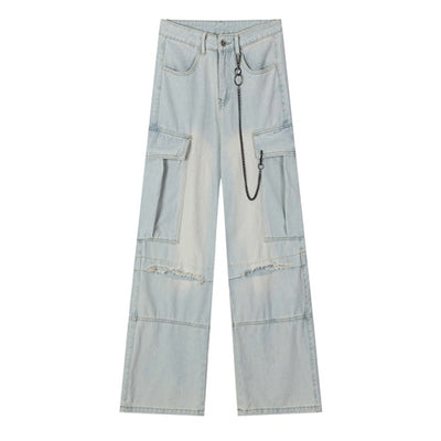 【NIUGULU】Mid-wash side chain design wide silhouette denim pants  NG0036