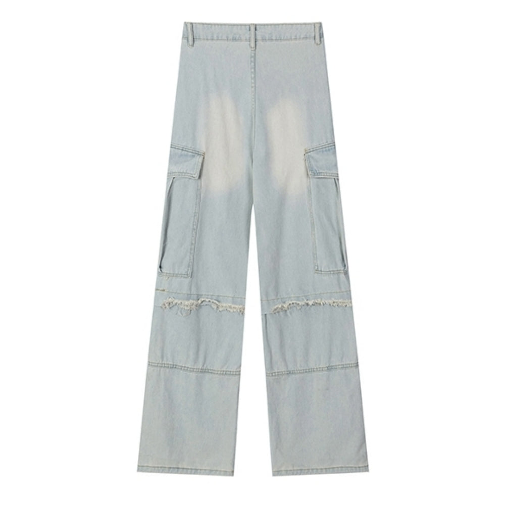 【NIUGULU】Mid-wash side chain design wide silhouette denim pants  NG0036