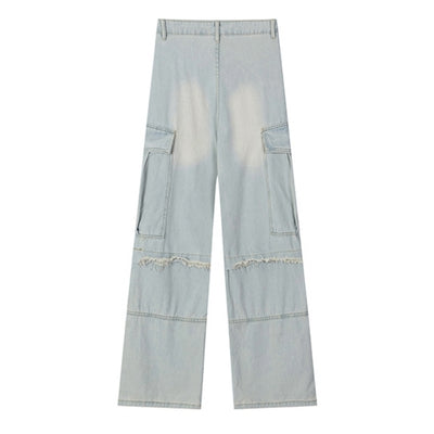 【NIUGULU】Mid-wash side chain design wide silhouette denim pants  NG0036