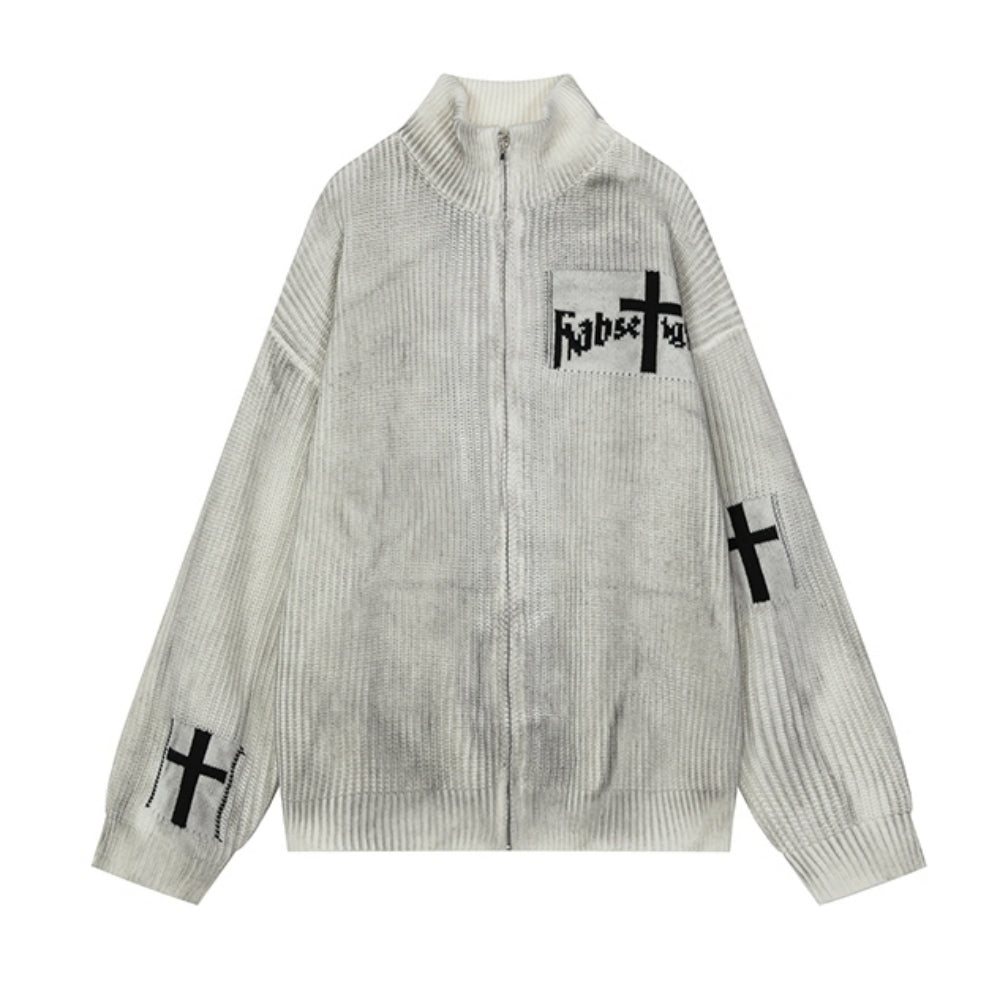 【NIUGULU】Middle cross design washed full zip knit sweater  NG0041