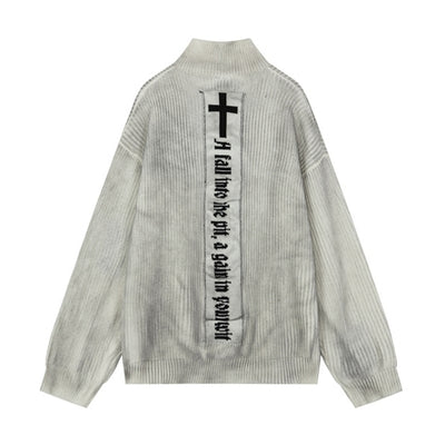 【NIUGULU】Middle cross design washed full zip knit sweater  NG0041