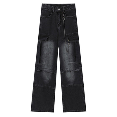 【NIUGULU】Mid-wash side chain design wide silhouette denim pants  NG0036