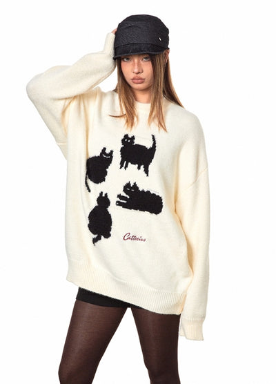 【BLACK BB】Front cat design monotone style knit sweater  BK0070