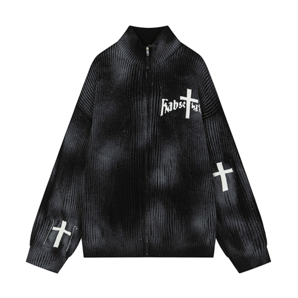 【NIUGULU】Middle cross design washed full zip knit sweater  NG0041