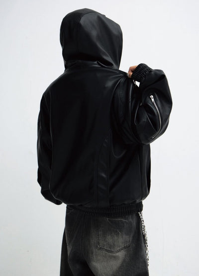 【People Style】High leather design oversized silhouette pullover hoodie  PS0054