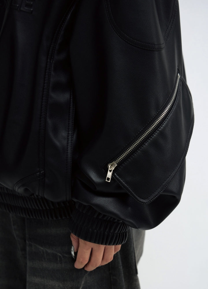 【People Style】High leather design oversized silhouette pullover hoodie  PS0054