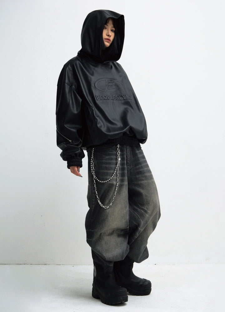 【People Style】High leather design oversized silhouette pullover hoodie  PS0054