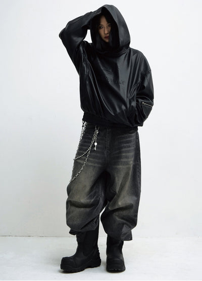 【People Style】High leather design oversized silhouette pullover hoodie  PS0054