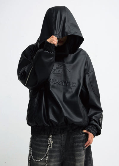 【People Style】High leather design oversized silhouette pullover hoodie  PS0054