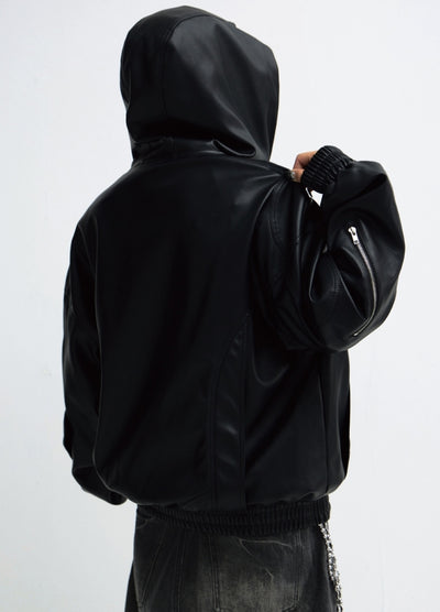 【People Style】High leather design oversized silhouette pullover hoodie  PS0054