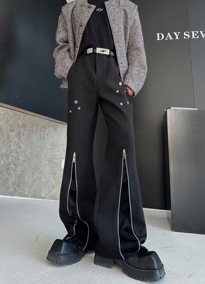 【MARTHENAUT】Zipper and patch design black style flare wide slacks pants  MH0064