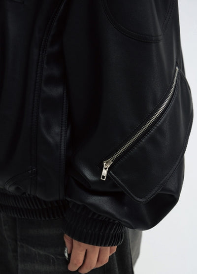 【People Style】High leather design oversized silhouette pullover hoodie  PS0054