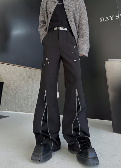 【MARTHENAUT】Zipper and patch design black style flare wide slacks pants  MH0064