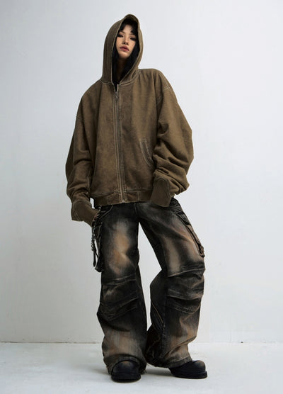 【People Style】Distressed random wash wide flare denim cargo pants  PS0053