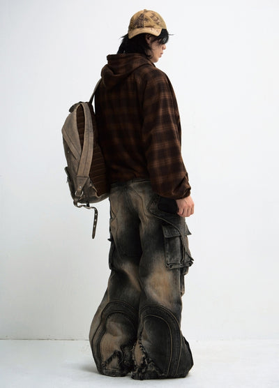 【People Style】Distressed random wash wide flare denim cargo pants  PS0053