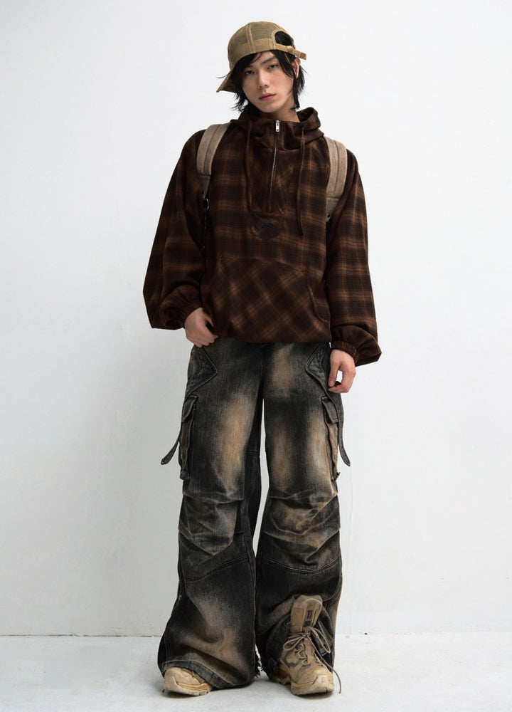 【People Style】Distressed random wash wide flare denim cargo pants  PS0053