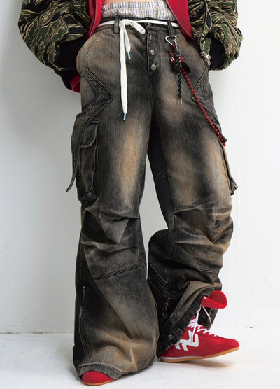 【People Style】Distressed random wash wide flare denim cargo pants  PS0053