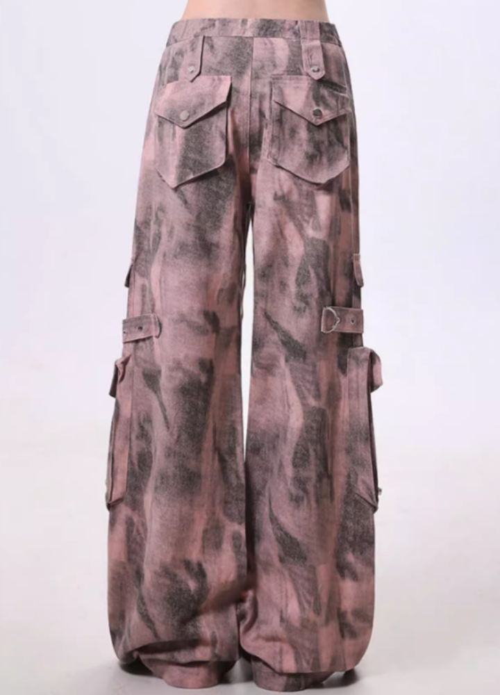 【Rayohopp】Random color pattern washed wide cargo pants  RH0133