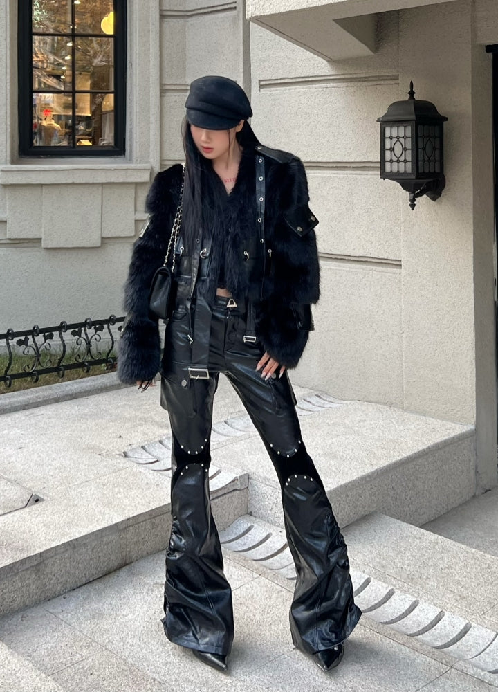 【ROY11】Thread flare silhouette leather design pants  RY0018