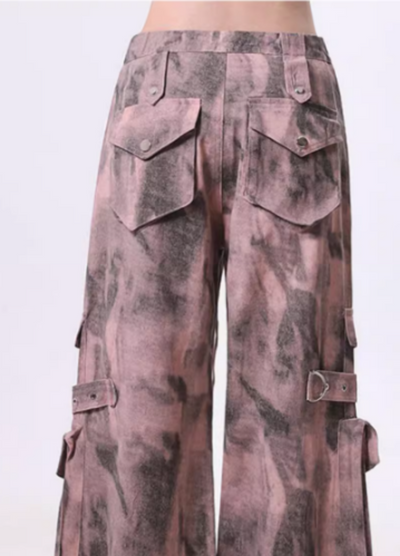 【Rayohopp】Random color pattern washed wide cargo pants  RH0133