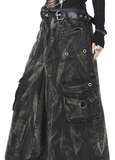 【ROY11】Denim design gimmick silhouette hakama style wide skirt pants  RY0025