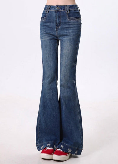 【Rayohopp】Simple color sharpness flare silhouette denim pants  RH0134