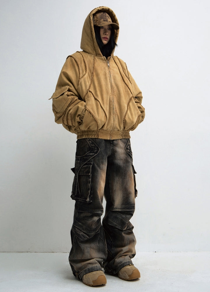 【People Style】Distressed random wash wide flare denim cargo pants  PS0053