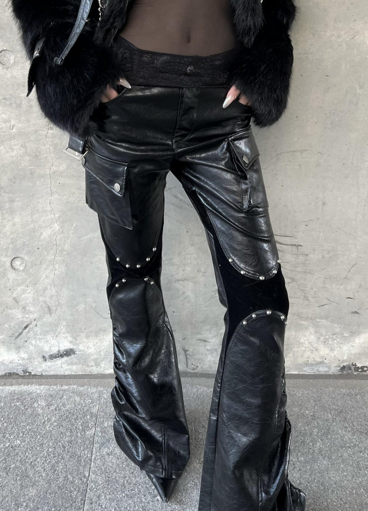 【ROY11】Thread flare silhouette leather design pants  RY0018