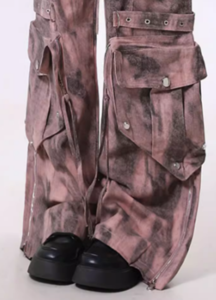 【Rayohopp】Random color pattern washed wide cargo pants  RH0133