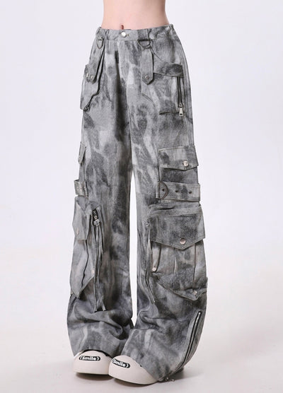 【Rayohopp】Random color pattern washed wide cargo pants  RH0133