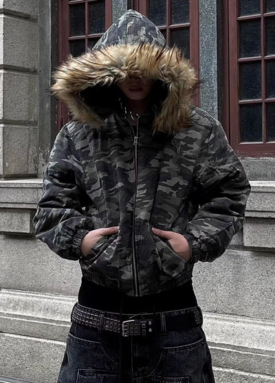 【DARKFOG】Fully camouflage fur hoodie silhouette jacket  DF0051