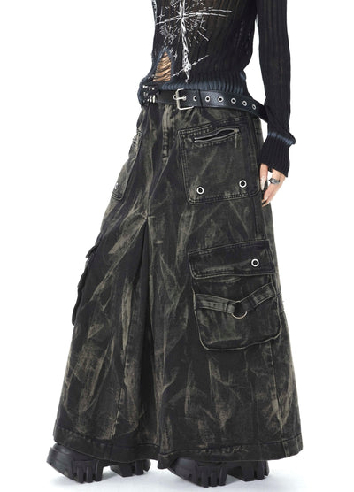 【ROY11】Denim design gimmick silhouette hakama style wide skirt pants  RY0025