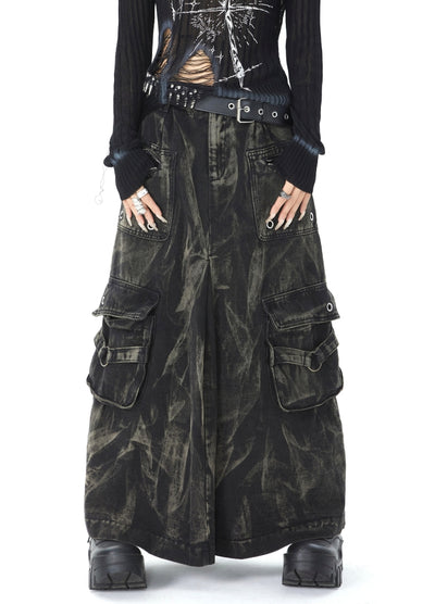 【ROY11】Denim design gimmick silhouette hakama style wide skirt pants  RY0025