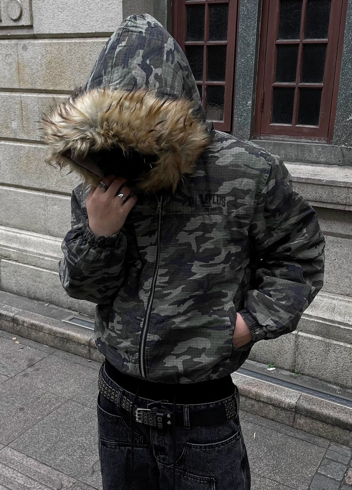 【DARKFOG】Fully camouflage fur hoodie silhouette jacket  DF0051