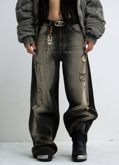 【People Style】Random wash and distressed wide denim pants  PS0056