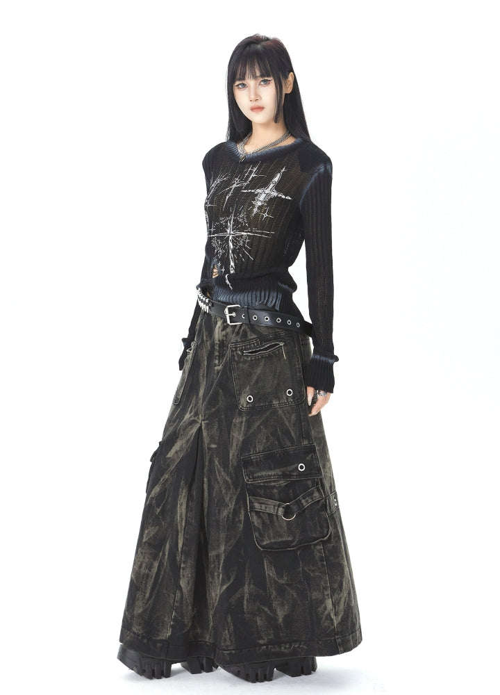 【ROY11】Denim design gimmick silhouette hakama style wide skirt pants  RY0025