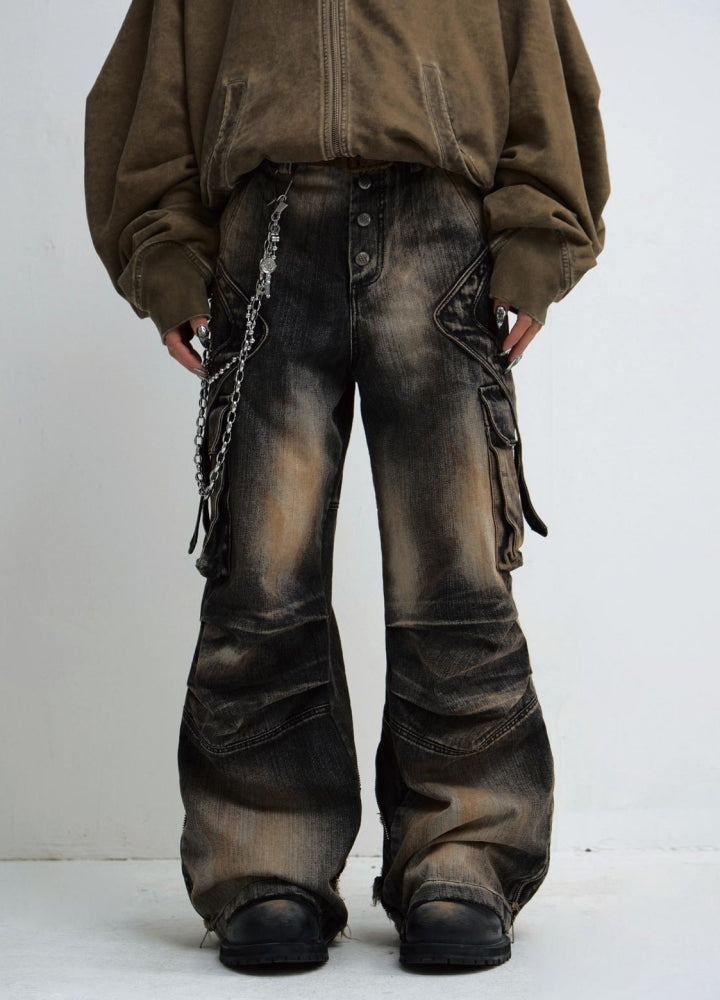 【People Style】Distressed random wash wide flare denim cargo pants  PS0053