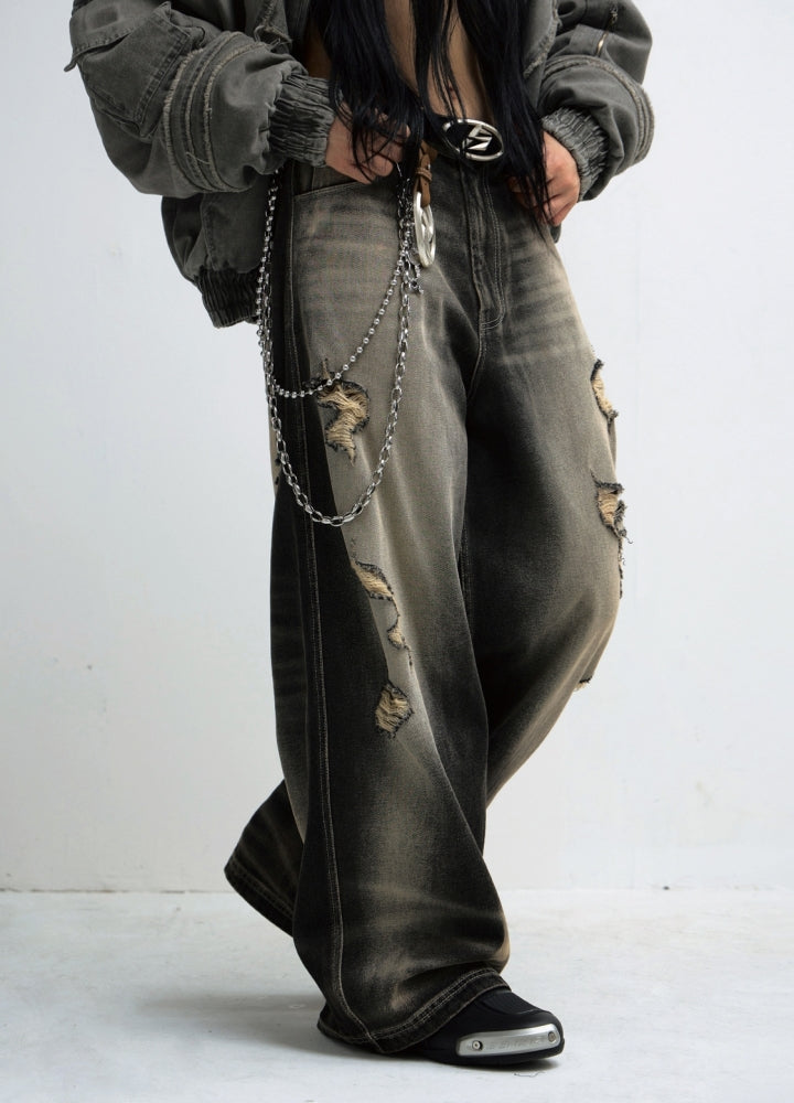 【People Style】Random wash and distressed wide denim pants  PS0056